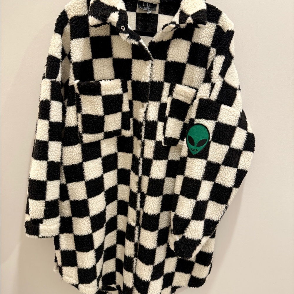 Dressed In LaLa Out of this World Checkered Black and White Women's Coat - Picture 2 of 2